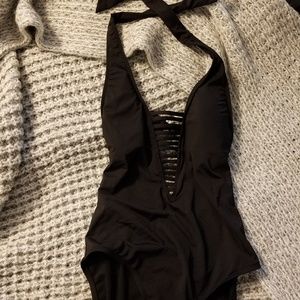 Kenneth Cole Black Plunge One Piece Swimsuit